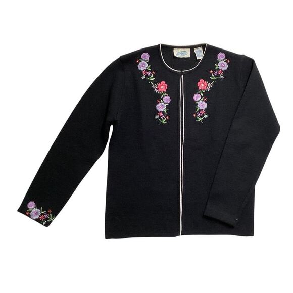 Vntg 90's Northern Isles embroidered floral cardigan long sleeve L black - Picture 2 of 5